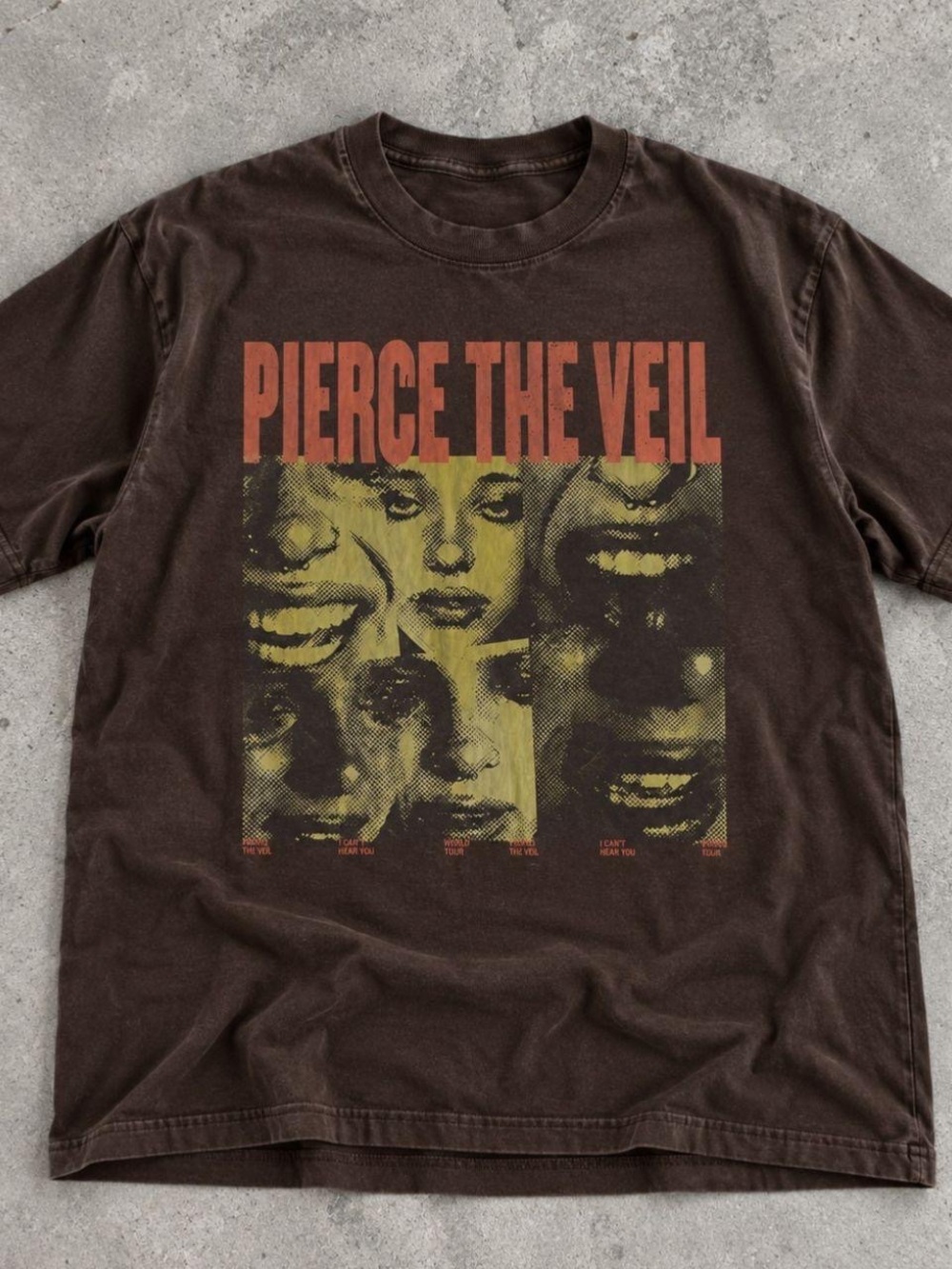Gildan Brown Pierce The Veil Graphic Tee with Red and Yellow Print